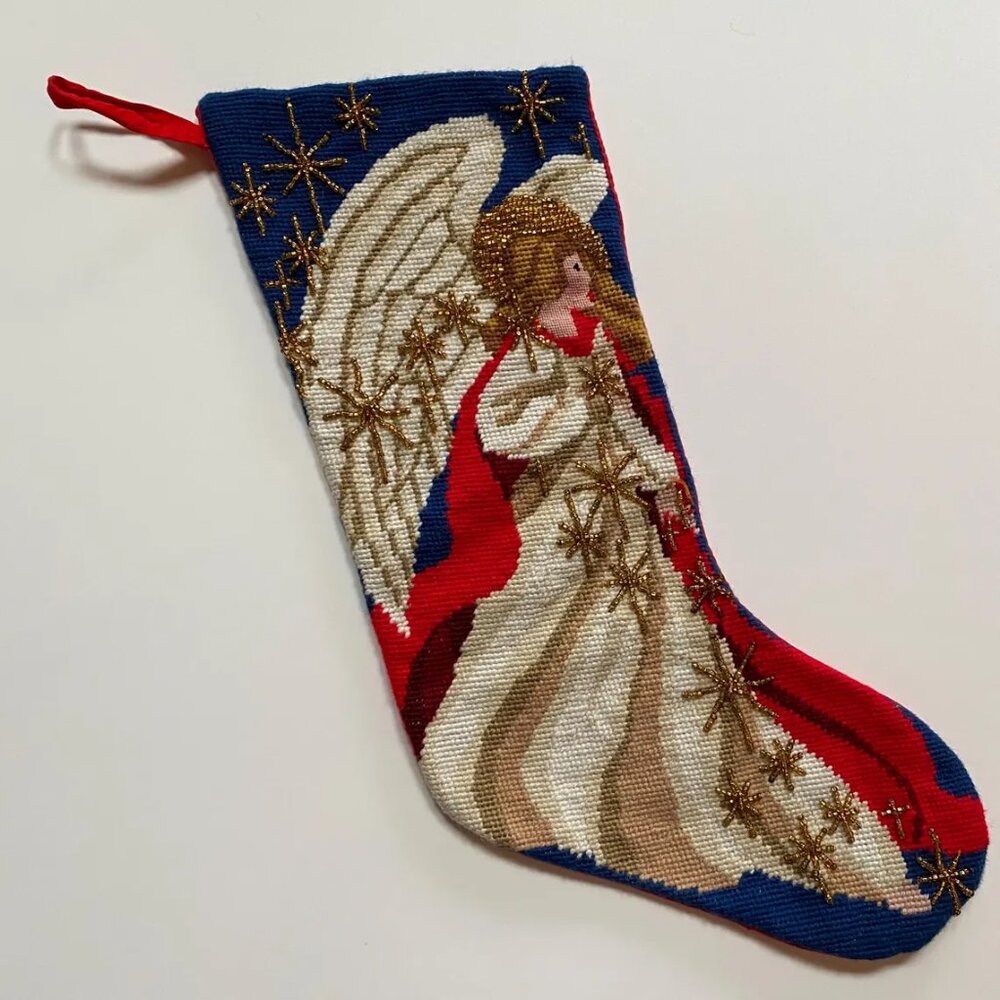 Christmas Needlepoint Stocking Angel Xmas Holiday Decoration Beaded Details